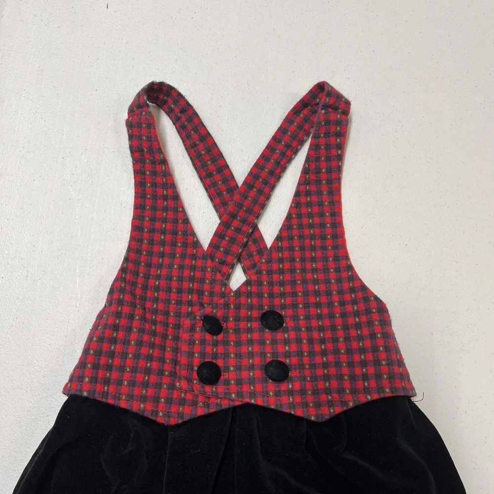 Vintage Knickers Overalls Baby Boy 18M Black Velvet‎ Velour Plaid Vest One Piece